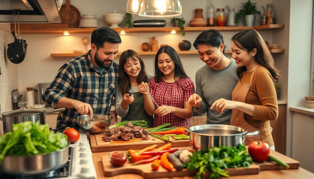 Family preparing beef recipes together